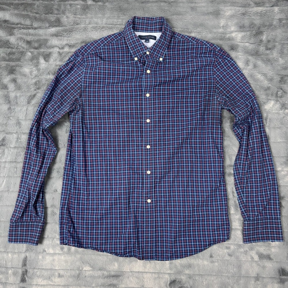 Tommy Hilfiger Mens Navy Blue Red Grid Check Button Down Shirt 16 34-35 L